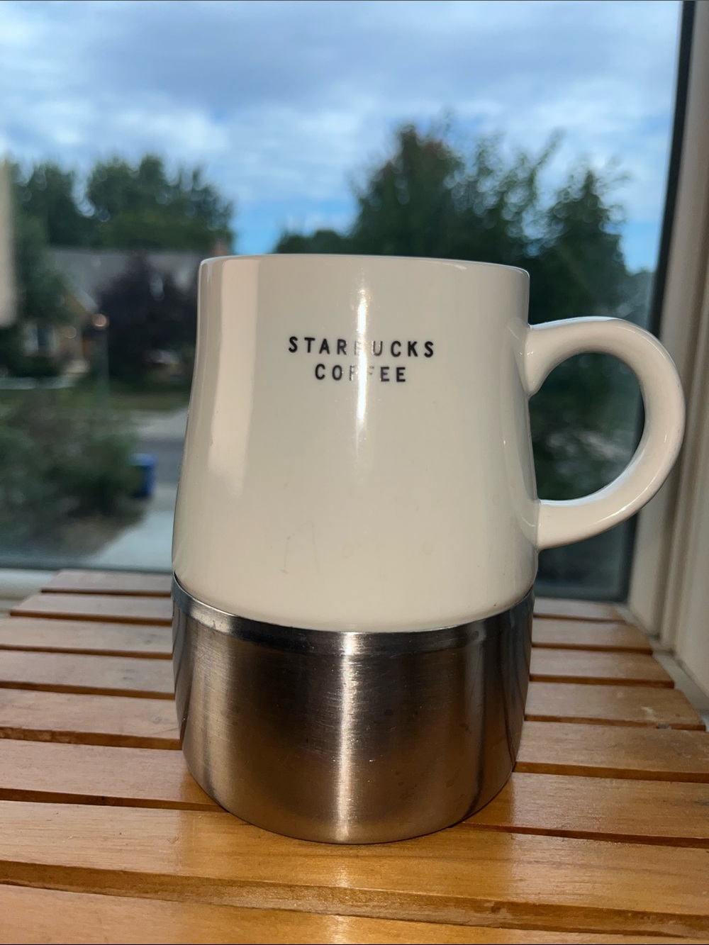 Starbucks White Ceramic Stay Put Travel Mug with Silver Stainless Base